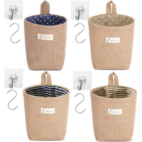 4 Pièces Sac de Rangement Suspendu en Coton et Lin, Sac de Panier de Rangement Pliable avec 8 Crochet, Storage Paniers Organizer, Sac de Rangement Suspendu pour Jouets, Maquillage, Clés, Toilette (1/5)