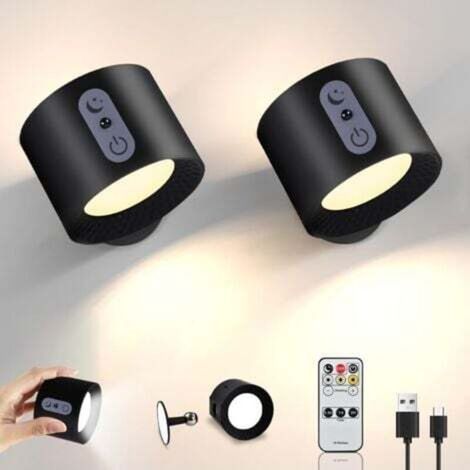 Applique Murale Intérieur avec Télécommande Lot 2, Touch Lampe Murale LED sans Fil, rechargeable Batterie 2500mAh, Rotative à 360°, Luminosité Réglable, USB-C Lampe per Chambre Chevet (1/4)