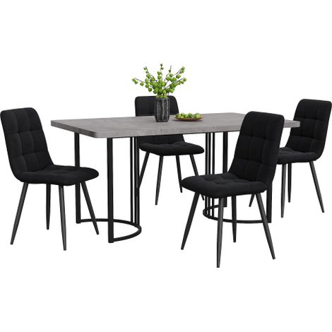 Table 140×80cm MDF gris, pieds métal noir, 4 chaises velours noir (1/5)