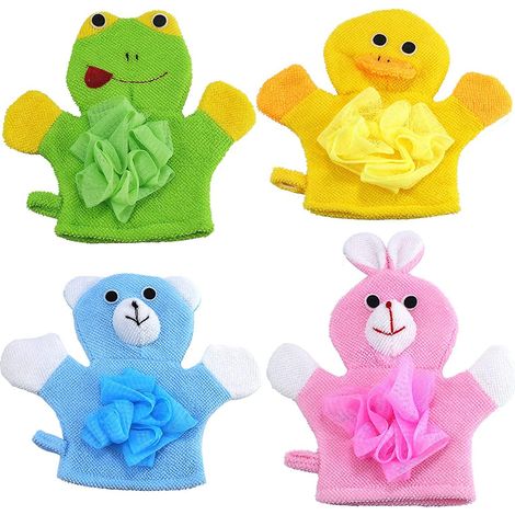 Lot de 4 gants de bain et éponges de bain pour bébés et enfants, avec motifs d'animaux (lapin, grenouille, ours, canard). (1/5)