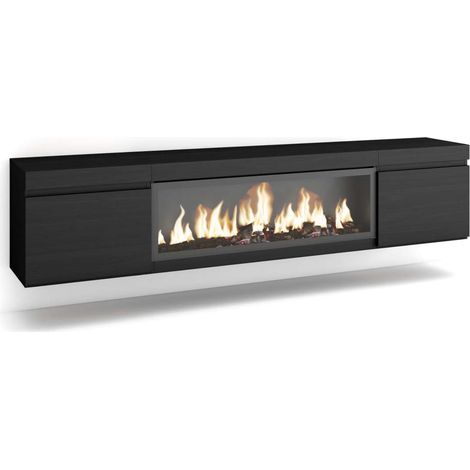 Mueble TV Iznate-01 de 208x45x35 cm con chimenea y luces LED, suspendido, color negro (1/4)
