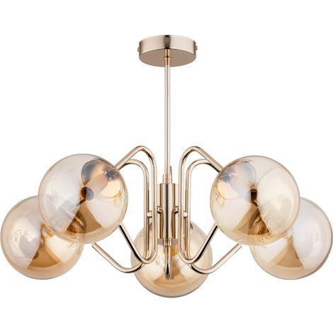 Plafonnier moderne laiton, globes ambre 5xE14 Alfa (1/3)