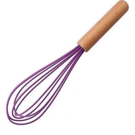 (Violet) Batteur à œufs de 25 cm avec manche en bois, fouet réutilisable en silicone, mélangeur à œufs manuel, mousseur à lait pour la pâtisserie (1/5)