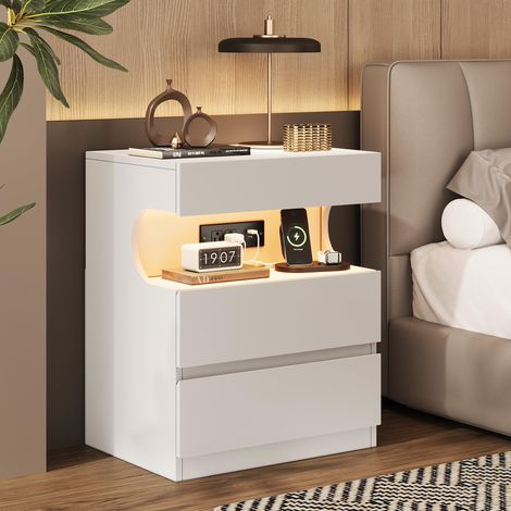 Table de chevet moderne LED connectée application, 3 tiroirs, ports USB et prises électriques, table d’appoint intelligente