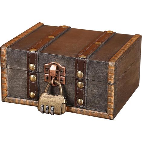Coffre Trésor Vintage en Bois, Boite avec Cadenas Pirate, Coffre en bois de pirate, Coffre fort Enfant Bois a Code Boîte à Bijoux avec Couvercle Pour Enfant Tirelire pour Stockage Décoration (1/5)