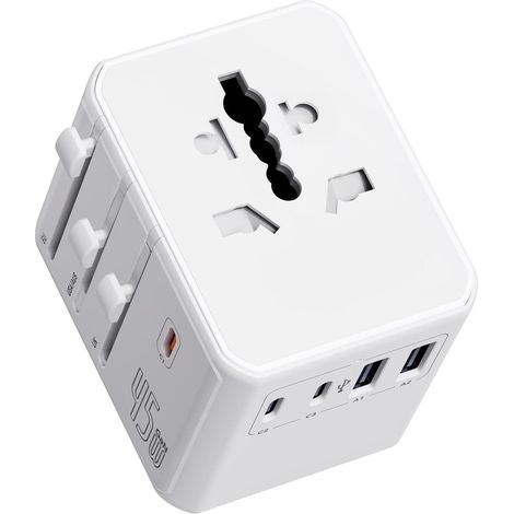 Universal-Reiseadapter mit 3 USB-C- und 2 USB-A-Anschlüssen, 45-W-PD-Schnellladefunktion, kompakt und leicht für Geschäfts- und Urlaubsreisen, Weiß (1/5)