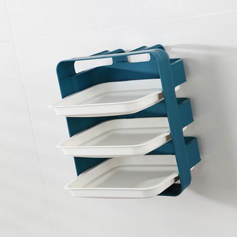 Lot de 3 plateaux de cuisine superposés en plastique bleu, étagère de rangement multifonction pour fondue, support mural pour légumes et plats. (1/3)