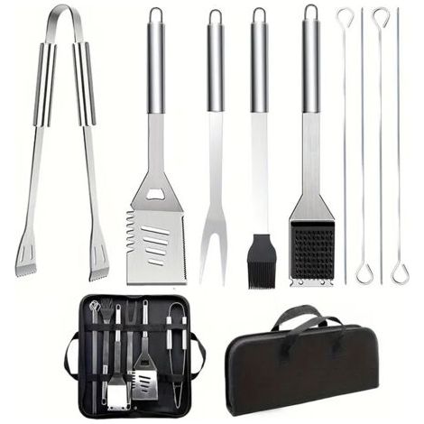 Ensemble d'ustensiles de barbecue en acier inoxydable 9 pièces avec sac de transport, pelle, brosse métallique, pinces et fourchette, accessoires de cuisine en plein air et de camping (1/3)
