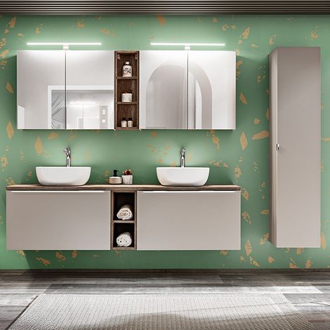 Mobile lavabo doppio 180cm 2 nicchie colonna e pensile Eros Taupe