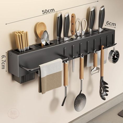 Porta bacchette e coltelli da parete – Pratico organizer in acciaio al carbonio, 8 ganci, nero, 5066,7 cm (1/4)