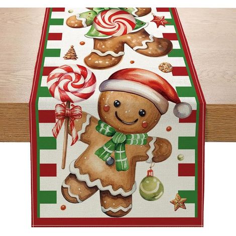 Chemin de Table Noel, Lin Chemin Table Noel Lavable, Table Runner Motif Bonhomme Pain D'épice, Long Chemins pour Deco Table Noel, Maison, Restaurants, Cafés, 33x183CM (1/5)