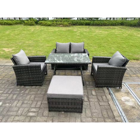 Fimous 5 Seater Outdoor Dark Grey Mixed High Back Rattan Sofa Dining Table Set Garden Furniture Big Footstool (1/5)