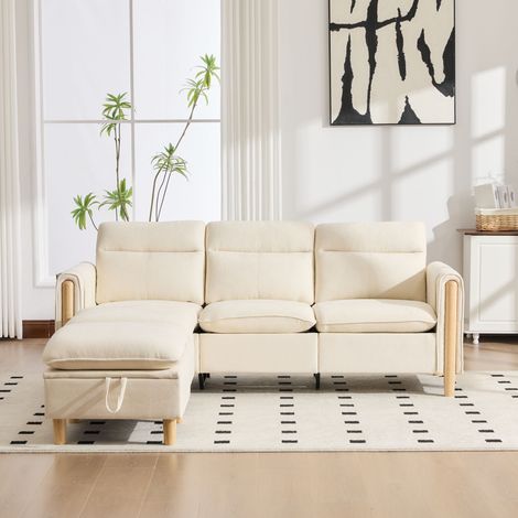 Canapé d’angle 3 places avec méridienne réversible 201x77x86cm, pouf coffre, poches latérales, pieds en bois, chenille, beige (1/5)