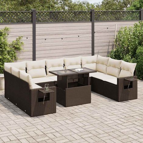 Salon de jardin 10 places en résine tressée marron avec table réglable, rangement intégré et coussins crème - Ensemble complet 10 pièces (1/5)