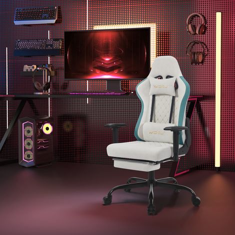 WOLTU Gaming Stuhl, Bürostuhl ergonomisch, Massage Computerstuhl mit Rollen, Kopfstütze, Fußstütze, Lendenkissen, Tech-Stoff, Massage Racing Gamer Sessel, 150 kg Belastbarkeit, Blau + Weiß (1/5)