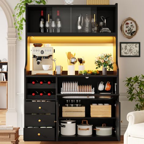 Mobile cucina alto 120x40x180 cm con LED RGB, ante in vetro scorrevoli, nero DESVIAE (1/5)