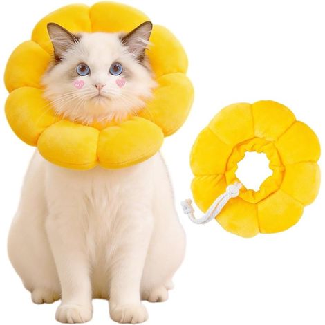 1 - Katzenhalsband - Schutzhalsband - Sonnenblumenmuster aus weicher Baumwolle - Leckhemmend für Erholung und Fellpflege - Verstellbar - Gelb - 22 x 22 cm (1/5)