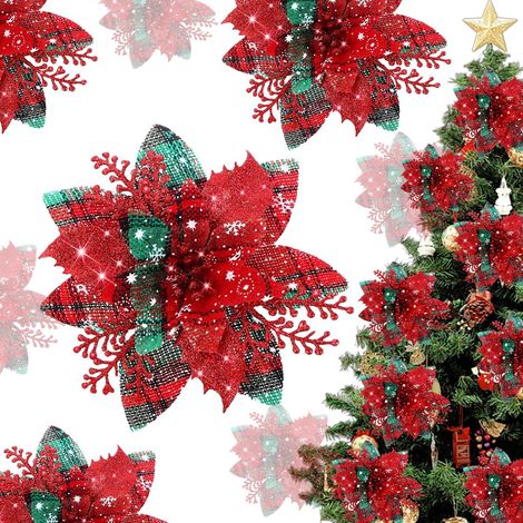 Lot de 10 Deco Sapin de Noel, Poinsettia Artificiel Motif à Carreaux Rouges et Verts, Fleur de Noel pour Fête Couronne Nouvel an Christmas Decoration Sapin (1/5)
