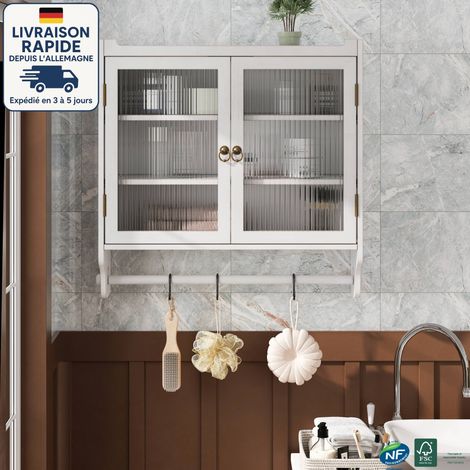 Mobiletto pensile per bagno 60x18x60cm - Con tre scomparti portaoggetti e portasciugamani - Stile retrò - Bianco (1/5)