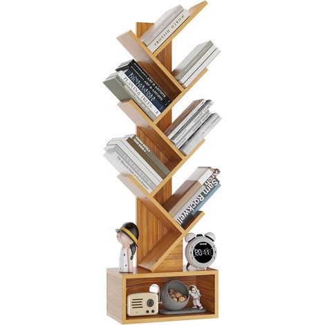 Bibliothèque d'arbre, Étagère à Livres sur Pied, Étagère de Rangement pour Magazines, CD, pour Salon, Chambre, Bureau, 112 cm, Couleur Bois Naturel (1/5)