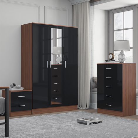 Reflect 3 Door Mirror Wardrobe, 5 Drawer Chest, 2 Drawer Bedside - Black Gloss & Walnut - Modern Bedroom Furniture Set