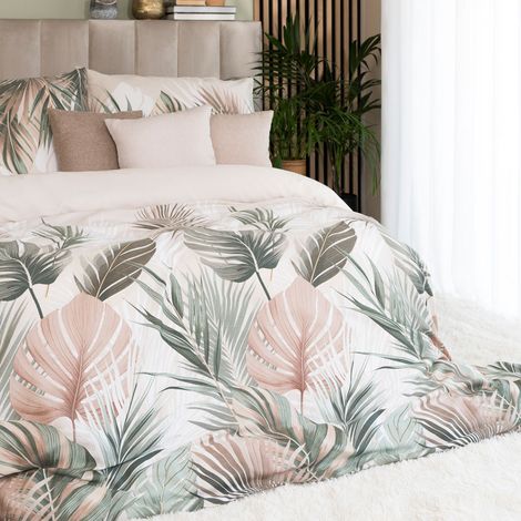 Completo letto LUSH 220x200 cm - raso di cotone, motivo a foglie tropicali (1/5)