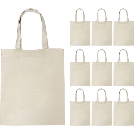 Canvas Tote Bags, 10pcs Reusable Solid Color Foldable Lightweight Handbag Canvas Store Bags (Beige Three) (1/5)