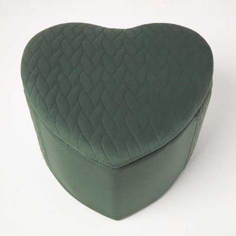 HOMESCAPES Arundel Heart-Shaped Velvet Footstool with Storage, Emerald