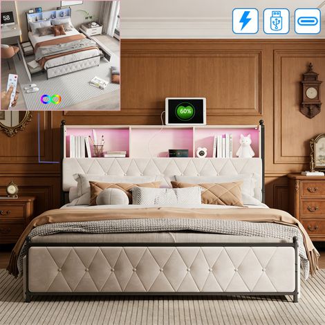 Lit 160x200 cm avec sommier à lattes, lit rembourré avec éclairage LED et chargement USB, lit double avec 4 tiroirs, tête de lit rembourrée avec rangement, lits de rangement, pour adultes, adolescents