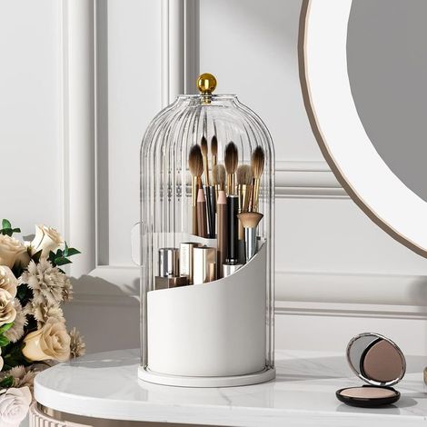 Boîte de Rangement pour Pinceaux de Maquillage Rotative à 360°, Transparente avec Couvercle Anti-poussière, Support Organisateur Durable pour Brosse, Idéal pour Salle de Bain et Coiffeuse (1/5)