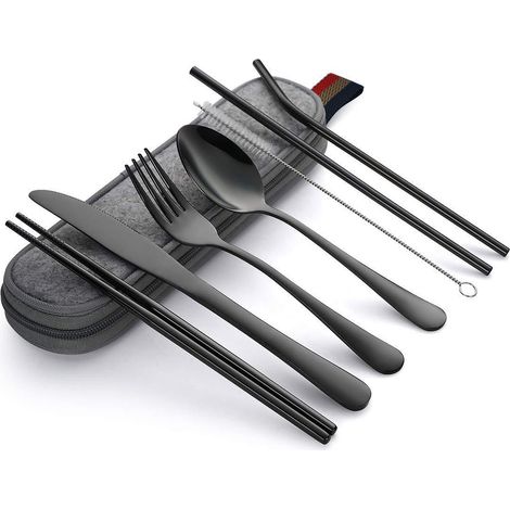 Boîte À Couverts Réutilisable - Couteau Fourchette Cuillère Baguettes Brosse De Nettoyage Pailles Droites Et Courbées - Pour Voyage Camping Pique-Nique Bureau École - Lot De 1 (1/5)