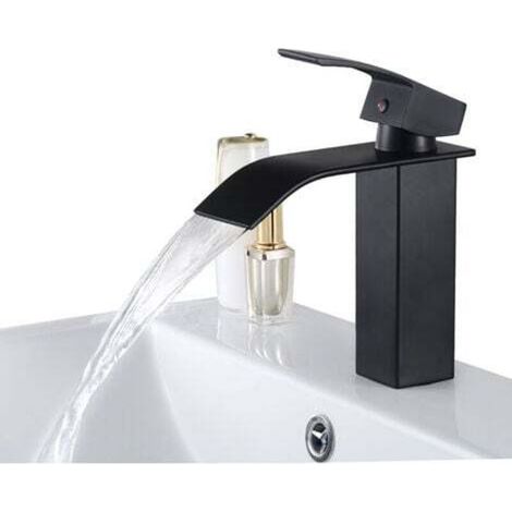 Moderne schwarze Wasserfall-Waschtischarmatur, Badezimmerarmatur, geeignet für Einbauwaschbecken.