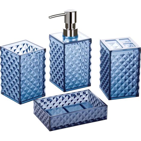 Lot de 4 Accessoires de Salle de Bain Bleu Marine avec Porte-Brosse à Dents, Distributeur de Savon, Porte-Savon, gobelet, Motif Diamant (1/5)