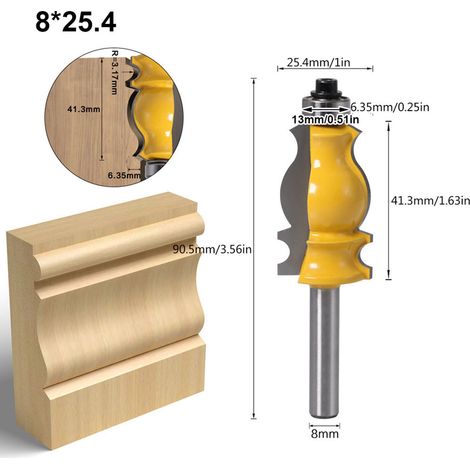 5 fraises à moulures de 8 mm pour le travail du bois, utilisables comme fraise à main courante, fraise décorative, fraise à moulures, fraise à moulures supérieures de portes d'armoires, machine à grav (1/4)