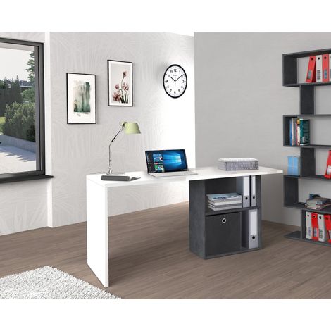 Dmora Escritorio lineal para oficina y estudio con estante, Made in Italy, Mesa minimalista, Escritorio para PC, 110x50h75 cm, blanco brillante y gris ceniza, con embalaje reforzado (1/3)