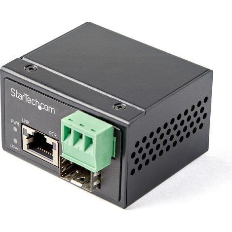 StarTech.com Convertisseur Fibre RJ45 PoE+ Industriel 30W - SFP vers RJ45 - Gigabit Fibre Optique Mono Mode/Multi Mode vers Cuivre - Mini Boîtier IP-30 Durable / -40 à +75°C (IMC1GSFP30W)