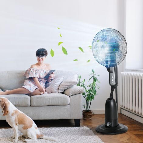 Ventilateur fogger 4 roues 90W réservoir 2,8L 4 vitesses métal PE ABS 44,5x38,5x120cm