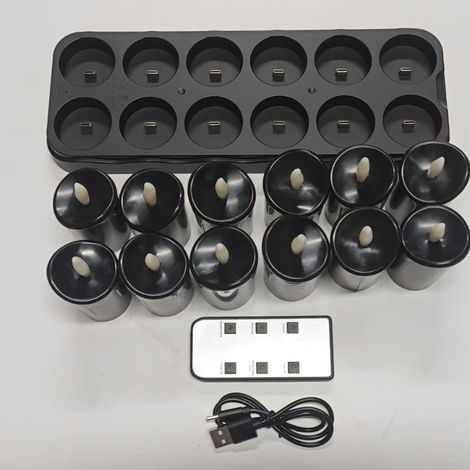 12 Bougies LED Rechargeables Sans Flamme avec Station de Charge, Télécommande et Minuterie, Bougies Chauffe-Plat pour HalloweenTélécommande, Noir (1/4)