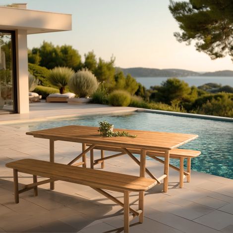 COLINE - Ensemble table et bancs en bois de teck recyclé couleur naturelle (1/5)