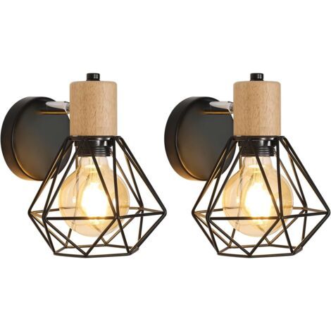 BUNTHAUS Lot de 2 Applique Murale Industrielle Vintage, 360° Réglable Lampe Murale en Bois, Luminaire Murales Cage E27 en Métal et Fer pour Chambre à Coucher Couloir Salle de Séjour Max 60W, Noir (1/5)