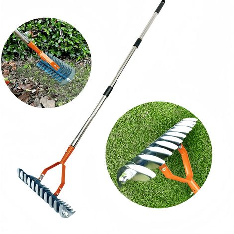 Râteaux réglables en acier inoxydable de 1,7 m avec poignée amovible pour pelouses, mousses et herbes mortes,couleur orange (1/5)
