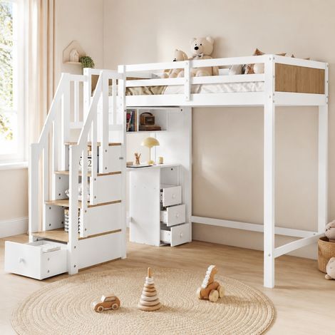 Letto a soppalco 90x200 con scrivania, 3 cassetti e scala contenitore bianco/legno HAVRYA (1/5)