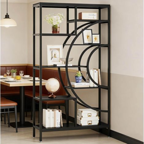 Bibliothèque noire en métal et bois à 8 niveaux avec étagères ouvertes et structure géométrique (1/5)