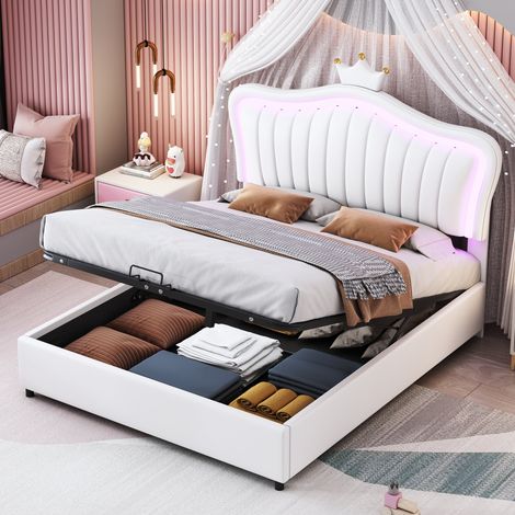 Cama De Almacenamiento Hidráulica 140x200 cm LED Respaldo Ajustable Base De Lamas PU Cuero Blanco (Sin Colchón)
