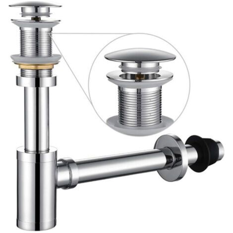 Ensemble complet de siphon en P pour lavabo de salle de bain, kit de vidange d'évier réglable de 1-1/4 po, tube en laiton massif avec siphon à tirette, version sans trop-plein, chrome argenté (1/4)