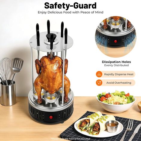 Gril électrique vertical 6 broches, 1000W Rôtissoire, Acier inoxydable, 400-500 ℃, modèle sur pied, dissipation rapide de la chaleur pour les barbecues en plein air, pique-niques (1/5)