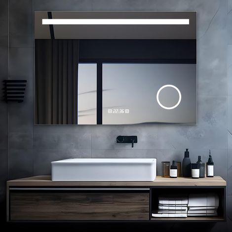 MIQU LED Badspiegel mit Beleuchtung 100x70 cm Badezimmerspiegel Bad Groß Spiegel mit Steckdose Touch Dimmbar Warm / Weiß Front Licht Beschlagfrei Wandspiegel für Badezimme (1/5)