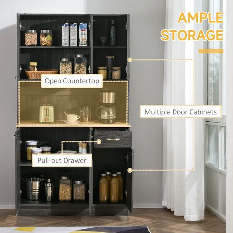 Meuble indépendant de 180 cm avec poignée, porte, tiroir, meuble pour four à micro-ondes, noir (1/5)