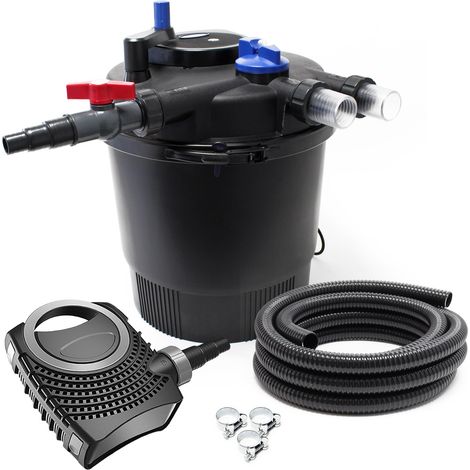 SunSun Komplettset: CPF-20000 Teichdruckfilter bis 10000 L mit 11 Watt UV-C Teichklärer, NEO10000 SuperECO Teichpumpe 10000l/h 80W, 10m Teichschlauch 38 mm (1 1/2"), Schlauchschellen W1 44-47mm