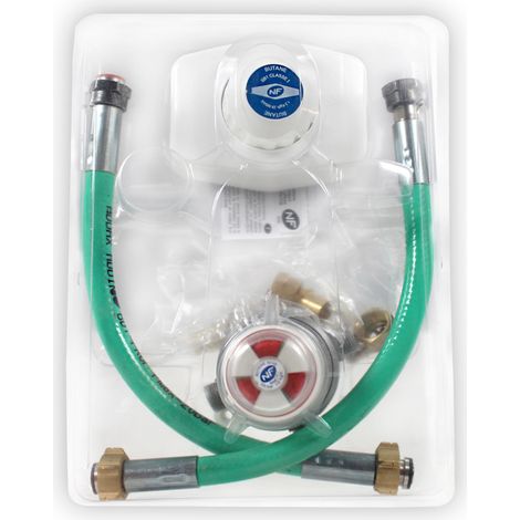 Favex – Kit butane bi-bouteille – Détendeur 1,3 kg/h 28 mbar – Lyres inox 35 cm pour installation domestique – Robinet automatique - 28mbar